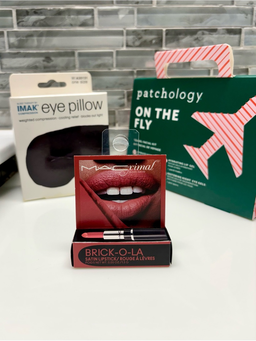 TRAVEL SET- IMAK Compression Eye Pillow + Patchology Eye Gels+ MAC Mini Lip. New